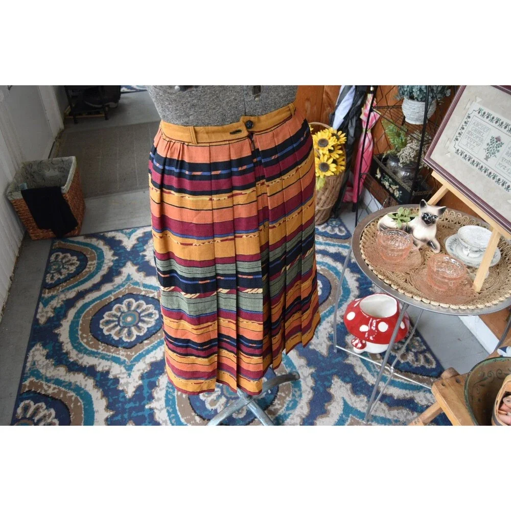 Vintage Pleated Tribal Skirt Colorful-Lined Striped Made in England Size Small